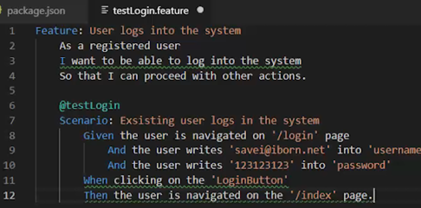 Code representation of the test scenario with Gherkin syntax. 