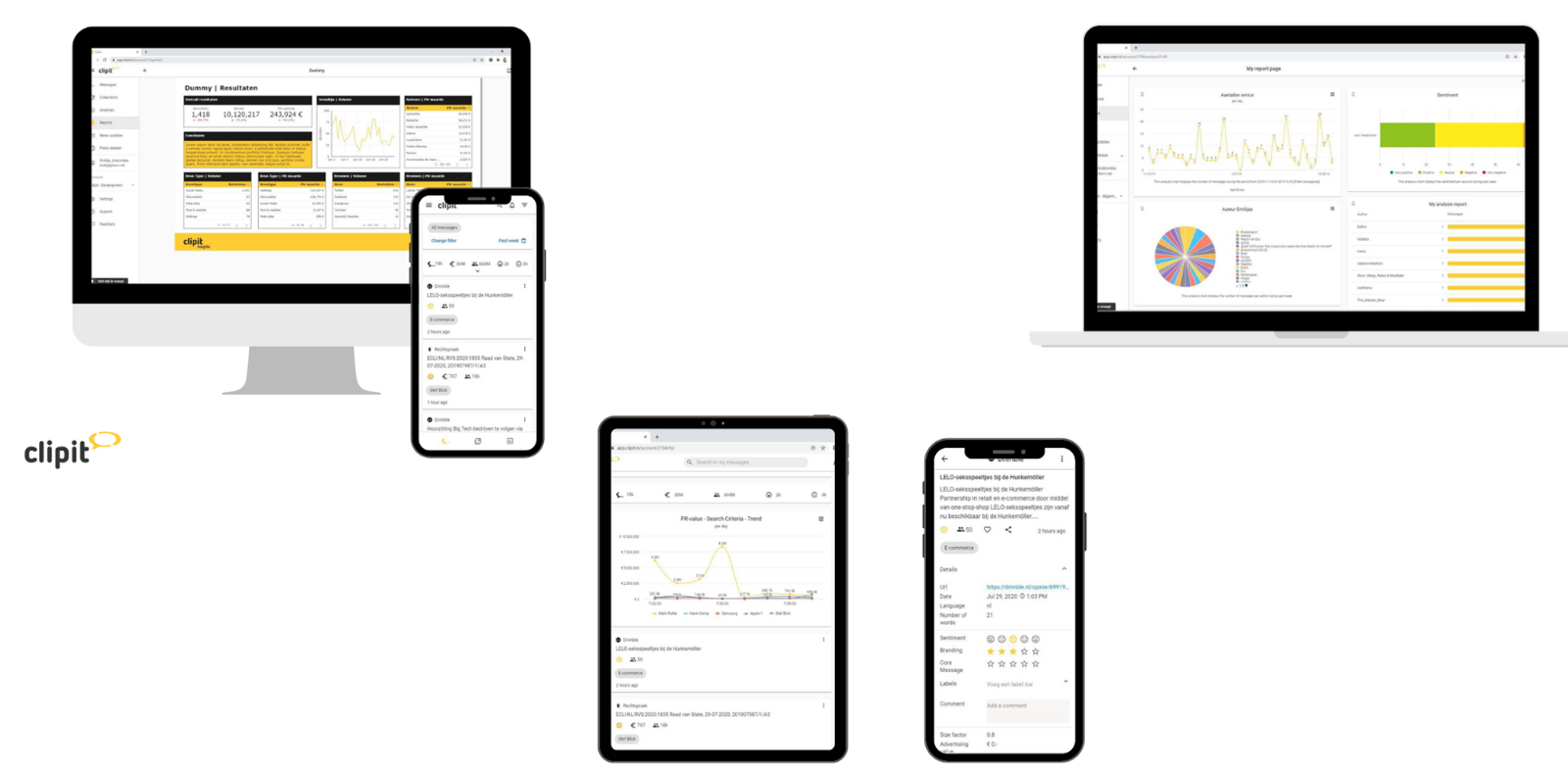 Clipit's interface displayed on different devices including computer, laptop, mobile and tablet. 