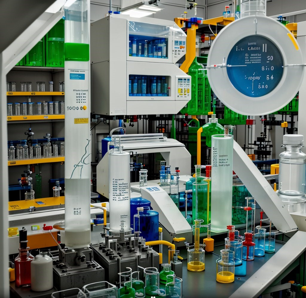 AI generated image with the Iborn logo seamlessly integrated into a vibrant laboratory filled with various colorful liquids in beakers and flasks.