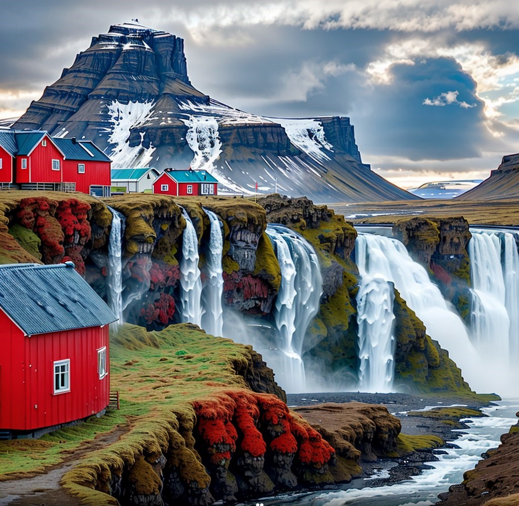  A red house stands beside a cascading waterfall, surrounded by natural Icelandic beauty.