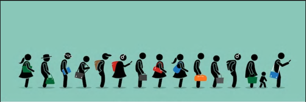 Figures representing people waiting in a queue. 