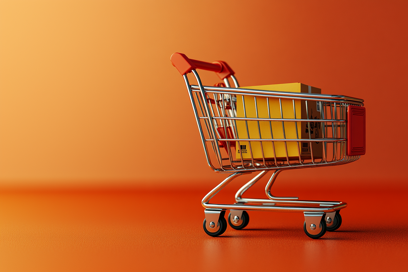 Minimalist shopping cart with packages on an orange background, symbolizing e-commerce cart abandonment and online shopping
