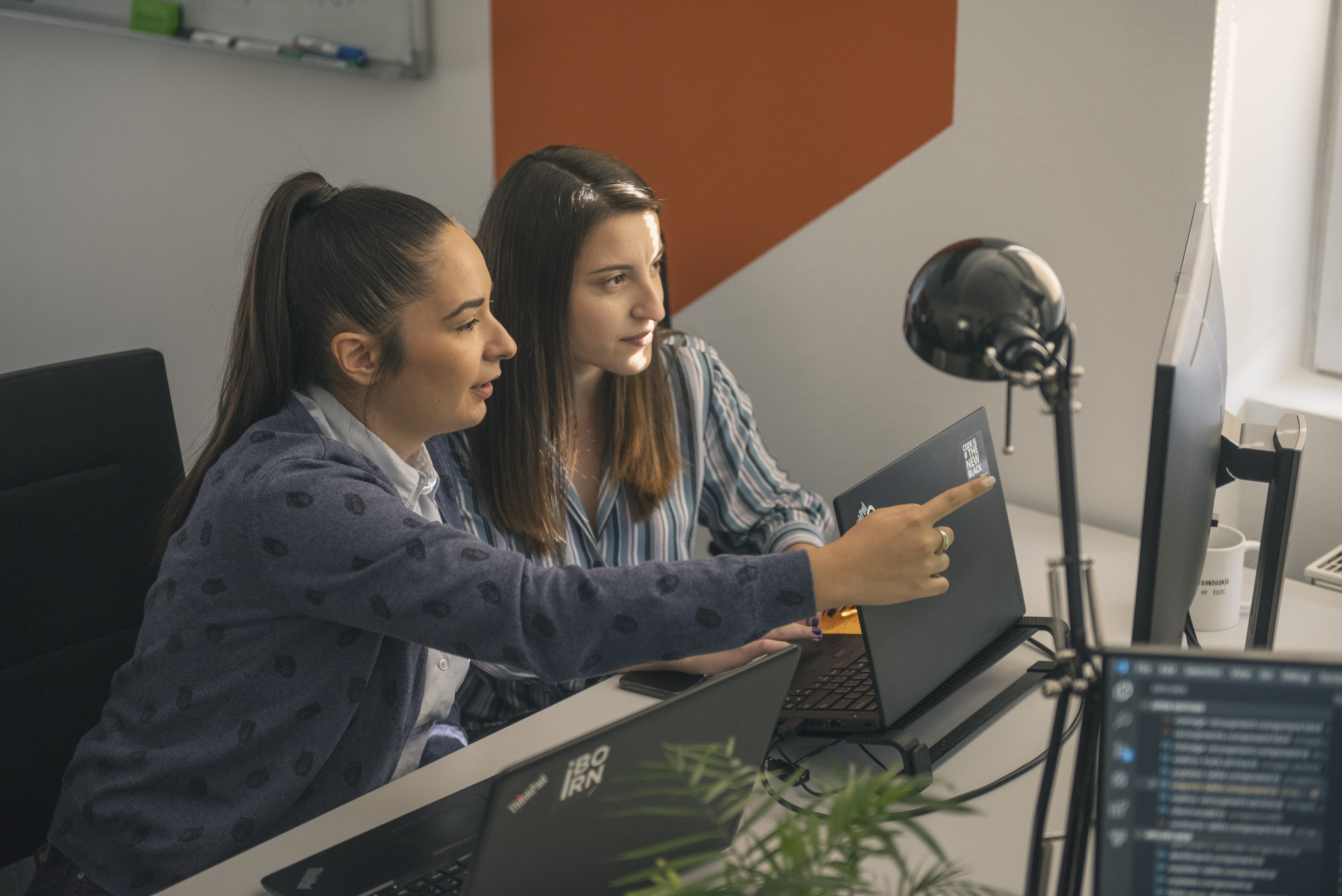 Two women discussing something on a computer screen.
